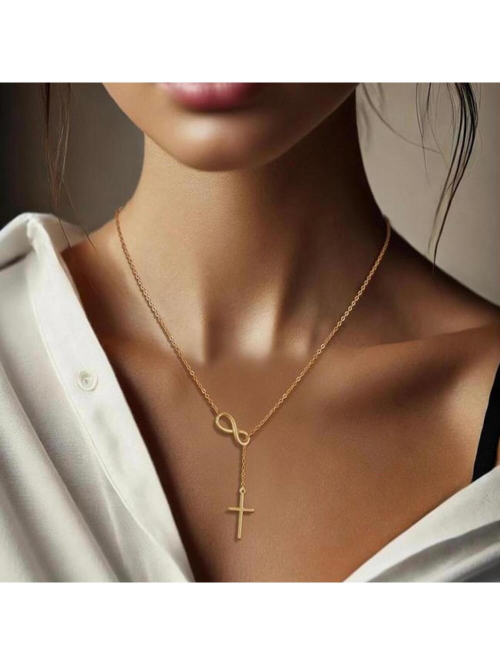 Silver Toned Metal Cross Infinity Necklace Women's Jewelry Minimalist Gift - Picture 2 of 10